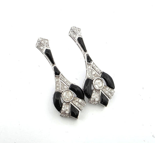 Boucles d'oreilles Boucles d’oreilles Art déco années 1930 en or blanc 18 ct, diamants et onyx 58 Facettes 84/26 D