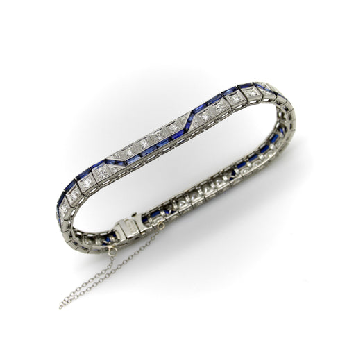 Art déco - Bracelet ligne zigzag en platine, diamants et saphirs 58 Facettes A2007H