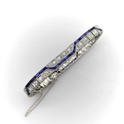 Art déco - Bracelet ligne zigzag en platine, diamants et saphirs 58 Facettes A2007H