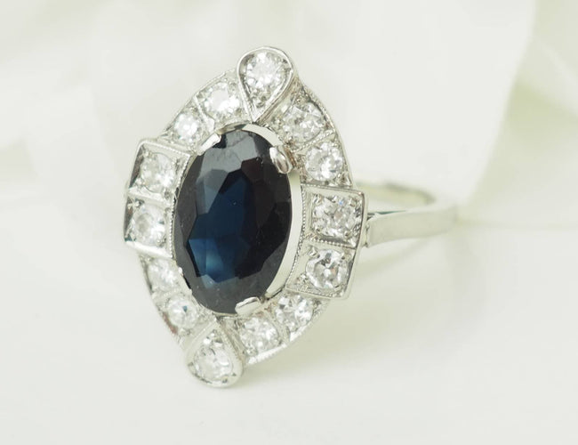 Bague 57 Bague Art déco en platine 950, saphir et diamants 58 Facettes 33650