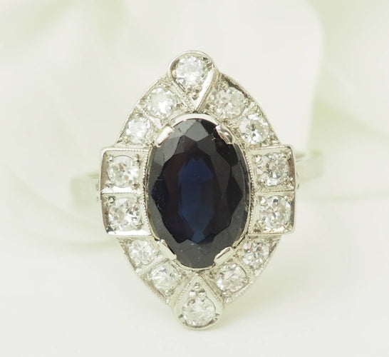 Bague 57 Bague Art déco en platine 950, saphir et diamants 58 Facettes 33650