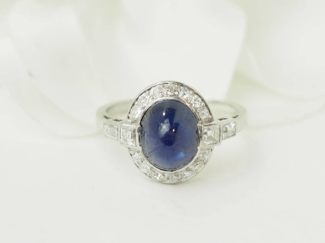 Bague 52 Bague Art déco en platine 900, saphir cabochon et diamants 58 Facettes 33658