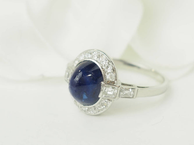 Bague 52 Bague Art déco en platine 900, saphir cabochon et diamants 58 Facettes 33658