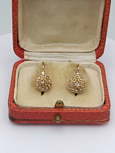 Boucles d'oreilles Boucles d'oreilles dormeuses anciennes en or rose 18K, perles et diamants 58 Facettes LH/151