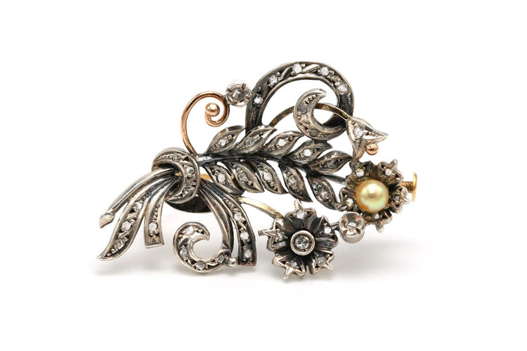 Broche Broche Art nouveau en or jaune 18 carats et argent, diamants taille rose et perle 58 Facettes 22961