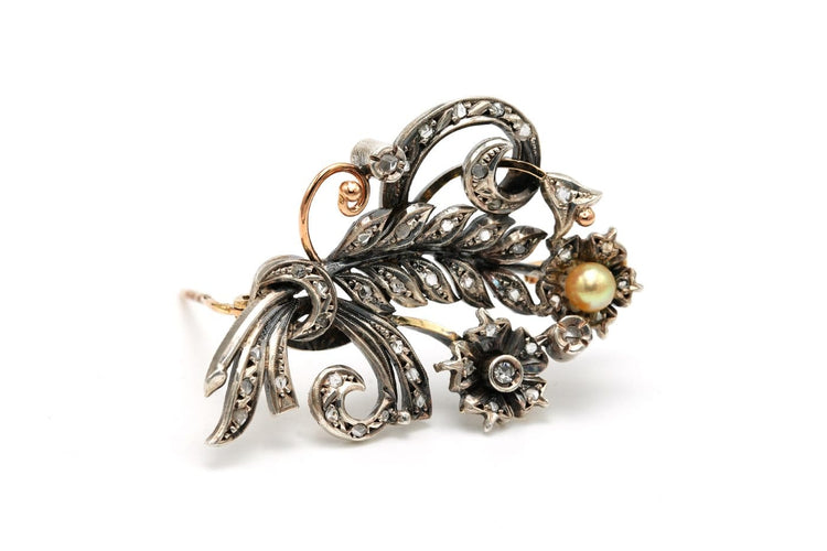 Broche Broche Art nouveau en or jaune 18 carats et argent, diamants taille rose et perle 58 Facettes 22961