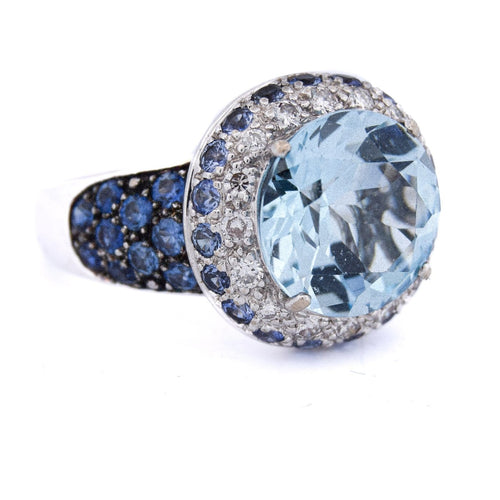 Bague 59 Bague vintage en or blanc 18 ct avec topaze, saphirs et diamants 58 Facettes AN421 (00619)
