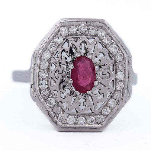 Bague 59 Bague Art déco - Bague en or blanc 18 ct avec rubis et diamants 58 Facettes AN111 (0079)