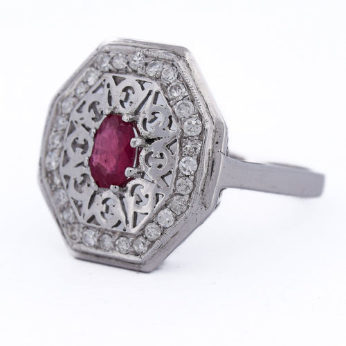 Bague 59 Bague Art déco - Bague en or blanc 18 ct avec rubis et diamants 58 Facettes AN111 (0079)