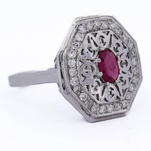 Bague 59 Bague Art déco - Bague en or blanc 18 ct avec rubis et diamants 58 Facettes AN111 (0079)