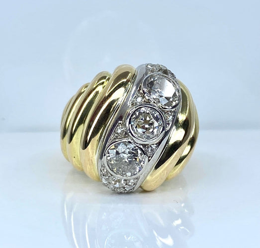 Bague 56 Bague godronnée en or jaune 18 carats et platine avec diamants 58 Facettes AB690