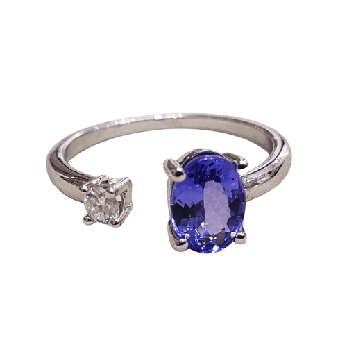Bague 54 Bague en or blanc 18k avec tanzanite et diamant brillant 58 Facettes S474