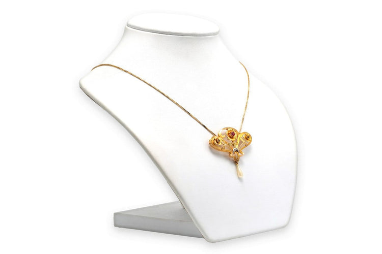 Collier Collier Art nouveau en or jaune 18 carats, rubis, diamants taille rose et perle 58 Facettes B836