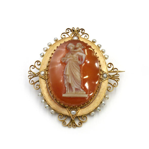 Pendentif Broche pendentif en or jaune 750‰ avec camée agate et perles 58 Facettes 260077R