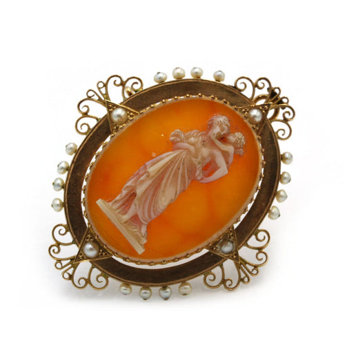Pendentif Broche pendentif en or jaune 750‰ avec camée agate et perles 58 Facettes 260077R