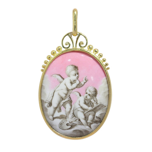 Pendentif Pendentif géorgien en or avec émail grisaille représentant deux chérubins 58 Facettes 26065-0293