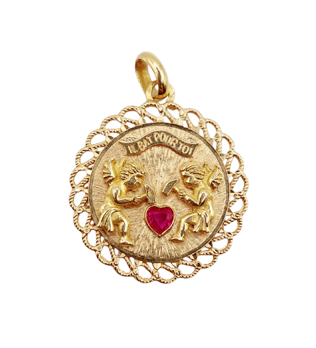 Pendentif Pendentif médaille d’amour en or rose 18k, rubis synthétique 58 Facettes A06908