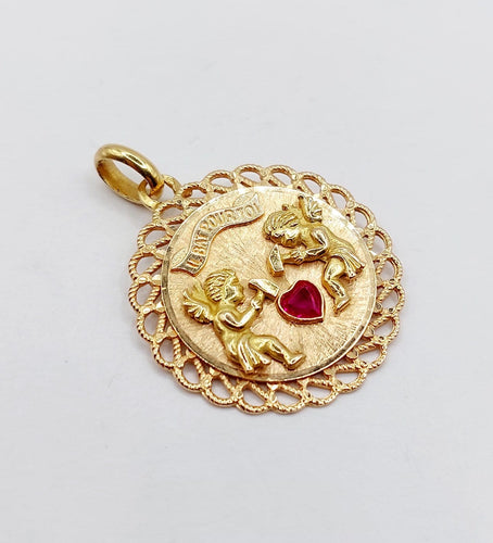 Pendentif Pendentif médaille d’amour en or rose 18k, rubis synthétique 58 Facettes A06908