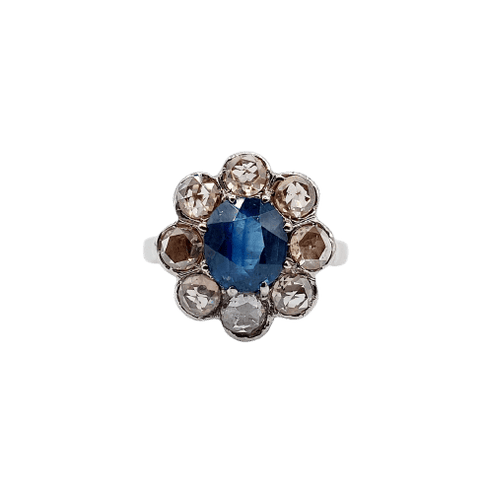 Bague 48 Bague marguerite antique en or blanc 18k et platine, saphir et diamants 58 Facettes A06876