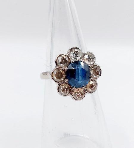 Bague 48 Bague marguerite antique en or blanc 18k et platine, saphir et diamants 58 Facettes A06876