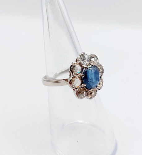 Bague 48 Bague marguerite antique en or blanc 18k et platine, saphir et diamants 58 Facettes A06876