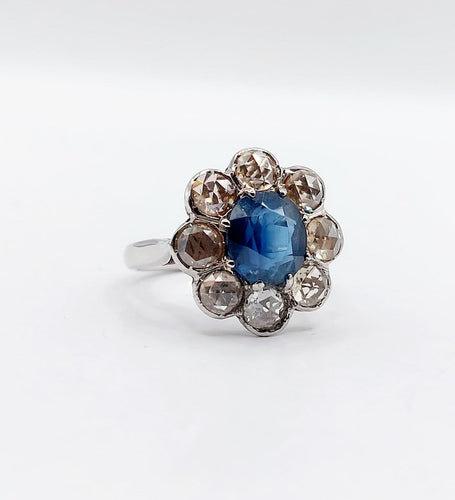 Bague 48 Bague marguerite antique en or blanc 18k et platine, saphir et diamants 58 Facettes A06876