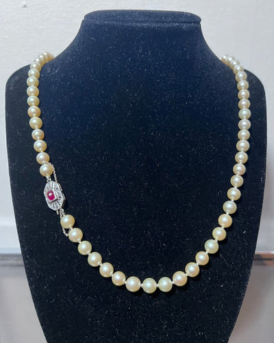 Collier Collier Art déco - Sautoir choker en or jaune 18k, perles Akoya, diamants, rubis 58 Facettes 936