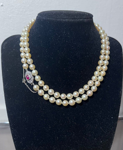 Collier Collier Art déco - Sautoir choker en or jaune 18k, perles Akoya, diamants, rubis 58 Facettes 936