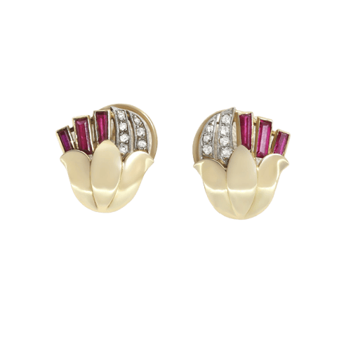 Boucles d'oreilles en or jaune, pierres rouges et diamants