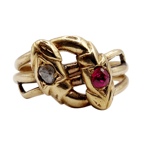 Bague 63 Bague serpent antique à deux têtes en or jaune 18k, diamant et rubis synthétique 58 Facettes A06923