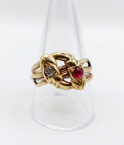 Bague 63 Bague serpent antique à deux têtes en or jaune 18k, diamant et rubis synthétique 58 Facettes A06923
