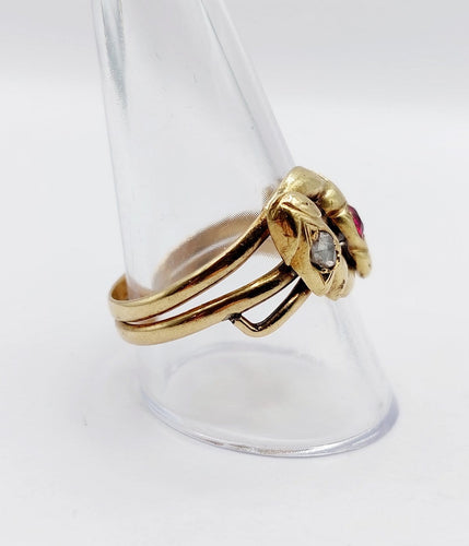 Bague 63 Bague serpent antique à deux têtes en or jaune 18k, diamant et rubis synthétique 58 Facettes A06923