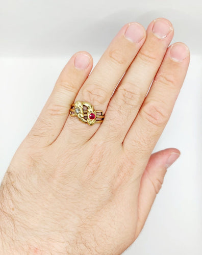 Bague 63 Bague serpent antique à deux têtes en or jaune 18k, diamant et rubis synthétique 58 Facettes A06923