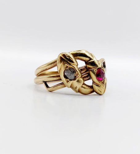 Bague 63 Bague serpent antique à deux têtes en or jaune 18k, diamant et rubis synthétique 58 Facettes A06923