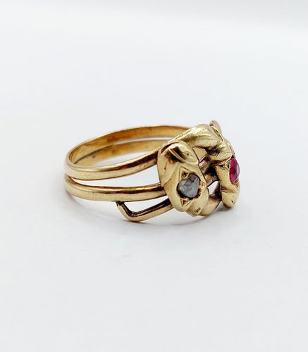 Bague 63 Bague serpent antique à deux têtes en or jaune 18k, diamant et rubis synthétique 58 Facettes A06923