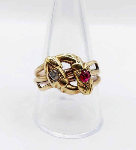 Bague 63 Bague serpent antique à deux têtes en or jaune 18k, diamant et rubis synthétique 58 Facettes A06923