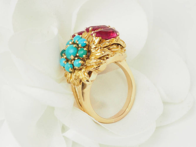 Bague 52 Bague fleur ancienne en or jaune 18 ct, rubis et turquoises 58 Facettes 33697