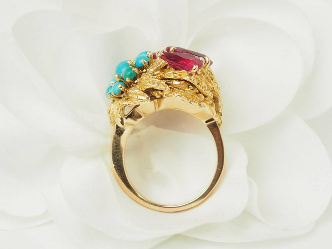 Bague 52 Bague fleur ancienne en or jaune 18 ct, rubis et turquoises 58 Facettes 33697