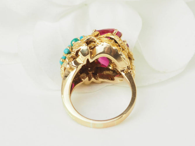 Bague 52 Bague fleur ancienne en or jaune 18 ct, rubis et turquoises 58 Facettes 33697