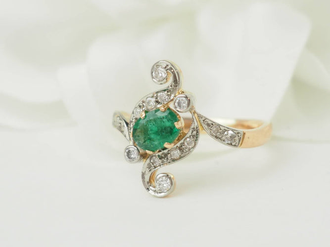Bague 56 Bague Art Nouveau en or jaune 18 carats avec émeraude et diamants 58 Facettes 33679