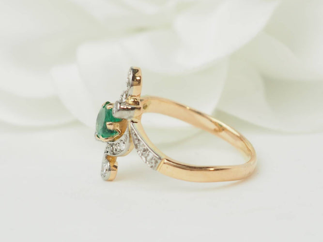 Bague 56 Bague Art Nouveau en or jaune 18 carats avec émeraude et diamants 58 Facettes 33679