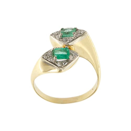 Bague 58 Bague contrarié double losange en or jaune et or blanc 18 ct, diamants et émeraudes 58 Facettes 26976