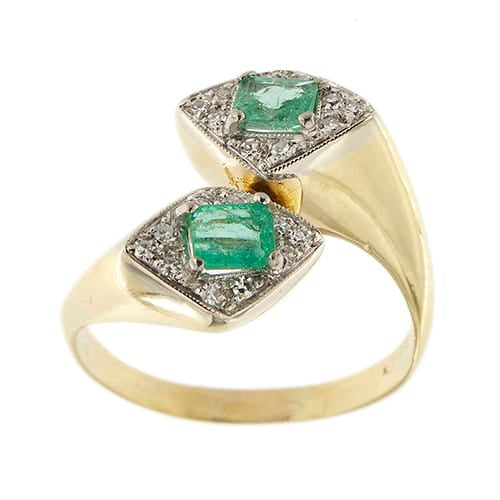 Bague 58 Bague contrarié double losange en or jaune et or blanc 18 ct, diamants et émeraudes 58 Facettes 26976