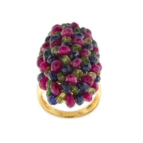 Bague 57 Bague bandeau ovale bombée en or jaune 18 ct avec rubis, saphirs et émeraudes 58 Facettes 34063