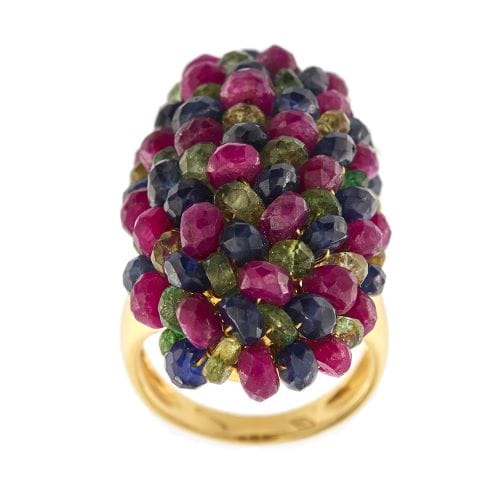 Bague 57 Bague bandeau ovale bombée en or jaune 18 ct avec rubis, saphirs et émeraudes 58 Facettes 34063