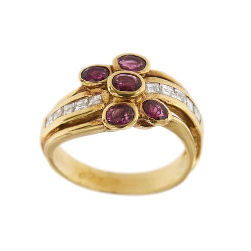Bague 55 Bague fleur - Diamants et rubis en or jaune 18 ct 58 Facettes 28782