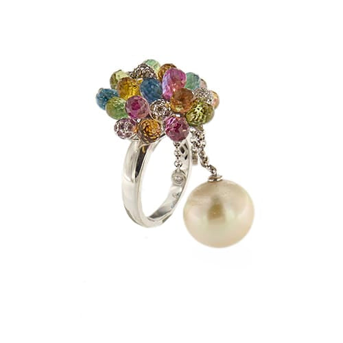 Bague 53 Bague bouquet - Bague en or blanc 18 ct avec perle et diamants 58 Facettes 30439