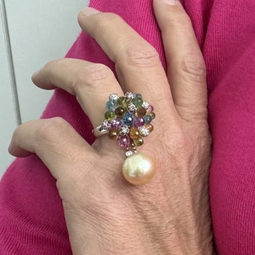 Bague 53 Bague bouquet - Bague en or blanc 18 ct avec perle et diamants 58 Facettes 30439