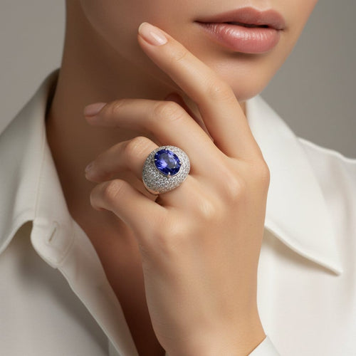 Bague 53 Bague - Dôme en or blanc 18 carats avec tanzanite et diamants 58 Facettes 1.0001333/2