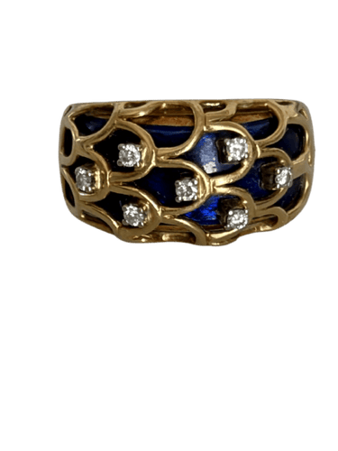 Bague 55.5 Fabergé - Bague bandeau en or jaune 18k, émail bleu et diamants 58 Facettes LOT 7526